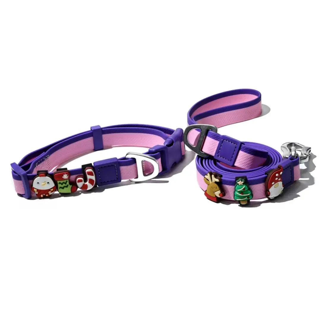 Xmas Theme Christmas Dog Collar & Leash Set for Small/Medium Puppies - Waterproof PVC Collar, Bite Resistant, Detachable Charms, Puppy Accessories, Holiday Gift