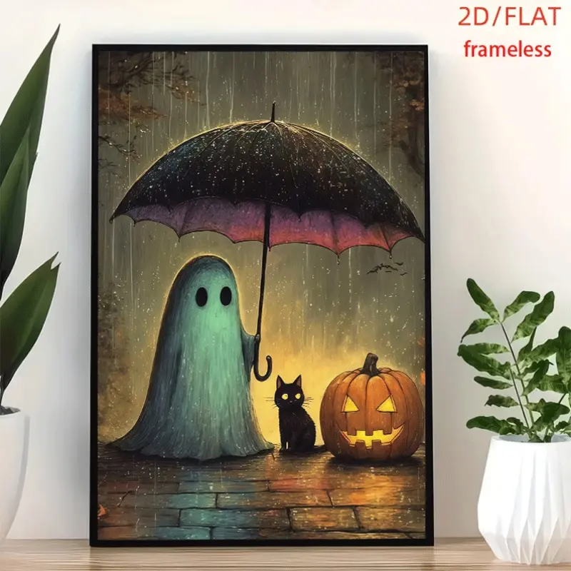 frameless Ghost shelters cat and jack o lantern Art Decor Print Poster, Wall Art for Living Room, Bedroom, Office, Dining Room & Bar, Perfect Gift & Home Decor, 12in x 16in
