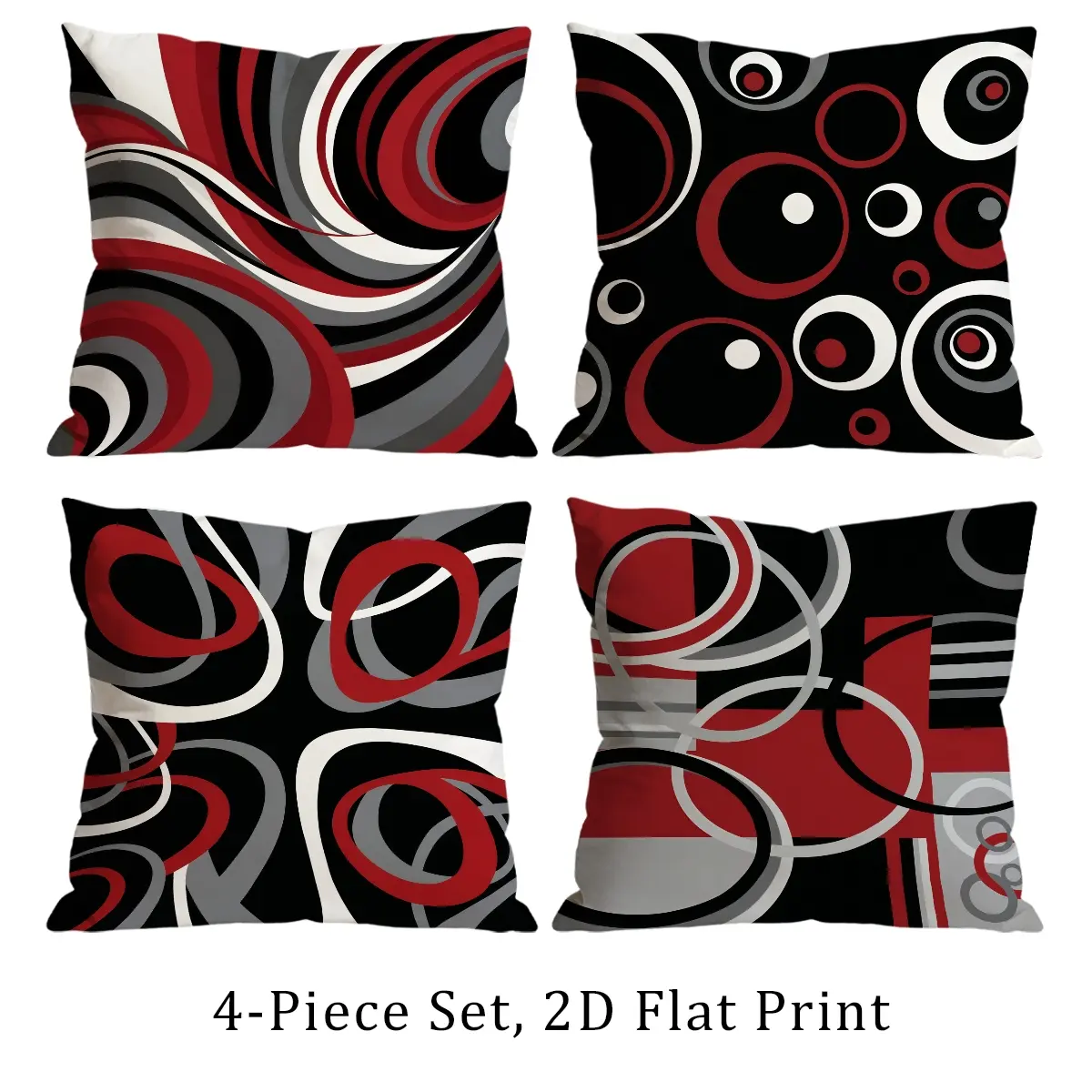 Set of 4 Red Black Grey Abstract Circular Geometric Throw Pillow Covers, 2D Flat Print, Modern Stylish Cushion Cases for Living Room Sofa Home Decoration 0624YA