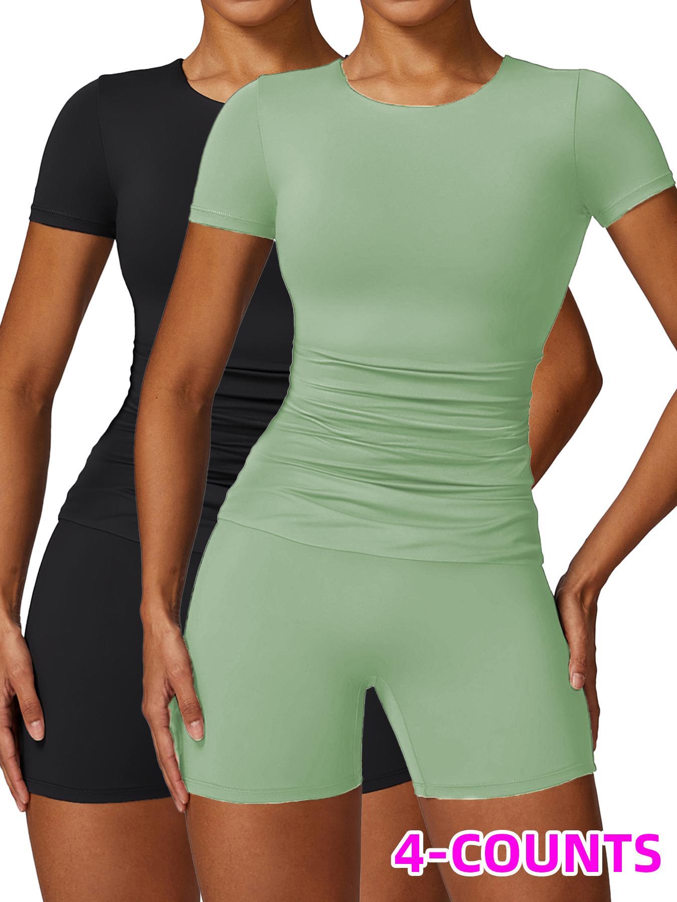 Two-Piece Set Women's Solid Round Neck Tee & High Waist Biker Shorts Athletic Tracksuit Set, Casual Short Sleeve T-shirt & Skinny Shorts, High Stretch Activewear, Ladies Sportswear Yoga Outfit Set for Indoor Outdoor Wear Athletic Workout Set