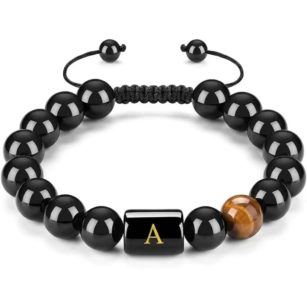 Personalized Initial Letter A-Z Bracelet for Men and Women - Adjustable Tiger Eye Beaded , Protection Bracelet for Anniversary and Birthday  for Him or Her