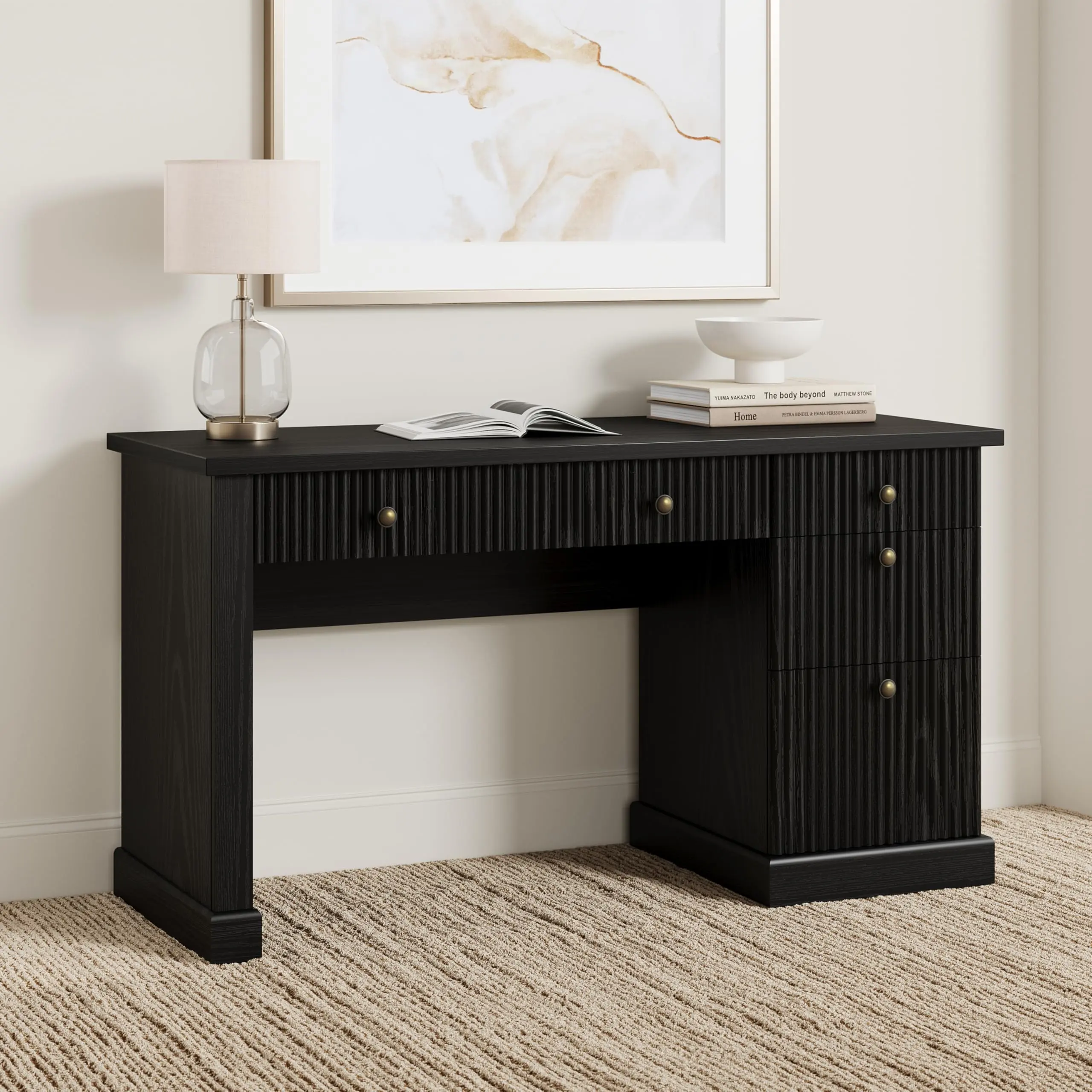 Modern Fluted Wooden Executive Desk 54 Inch, Charging Station, File Drawers and Spacious Storage Cabinet – Computer Writing Desk for Home, Study, Bedroom or Living Room