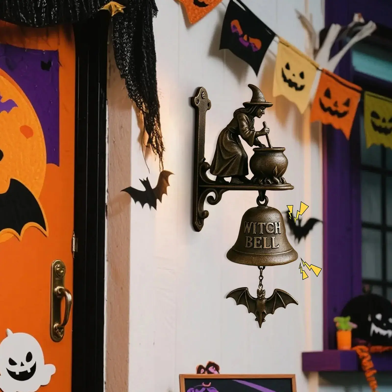 Witch Broom Doorbell Gothic Metal Wall Decor, Vintage Mechanical Bell, Halloween Party Decoration, Front Yard Home Wall Art