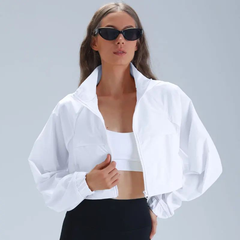 Women's White Cropped Hooded Windbreaker Jacket, Full Zip Long Sleeve Lightweight Athletic Outerwear with Stand Collar, Elastic Cuffs, Vented Back and Relaxed Raglan Sleeves for Travel, Running Errands, Weekend Walks and Casual Streetwear, Sizes S-XL