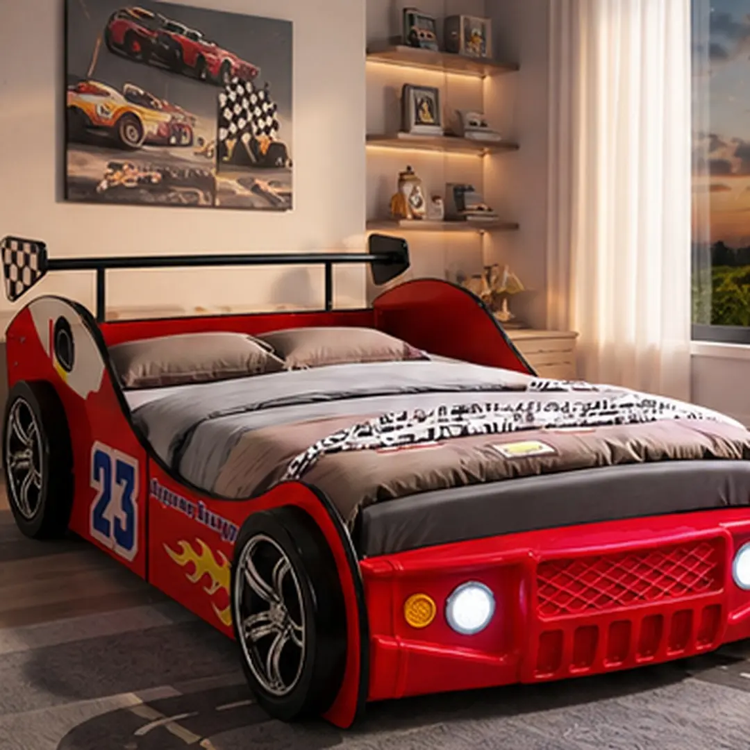 ARCH Twin Size Racing Car Bed for Kids, MDF Floor Bed Frame with LED Headlights, Raised Guardrails, 13 Wood Slats, No Box Spring Needed, Red, Black, Blue Options, Playroom or Bedroom Fun Sleep Space, Twin Size Options, Black/Blue/Red Color Options