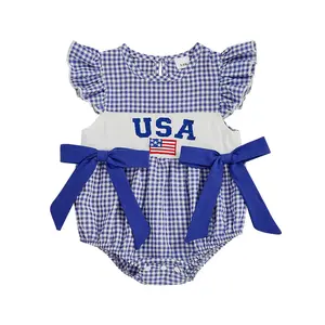 Baby Girls' Polyester Rompers - Independence Day Flag & Letter Embroidery, Plaid Fly Sleeves, Summer Bodysuits Jumpsuits for 0-3 Months/12-18 Months (37-43 cm, Check Measurement Chart)