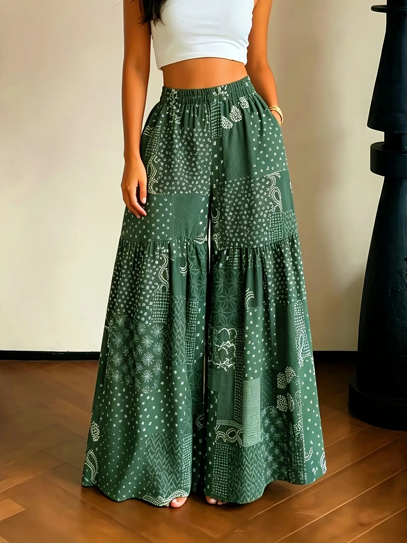 Boho Style Patchwork All Over Print Women's Lightweight Loose Wide Leg Pants, Comfortably Designed for Everyday Wear, Perfect for Casual