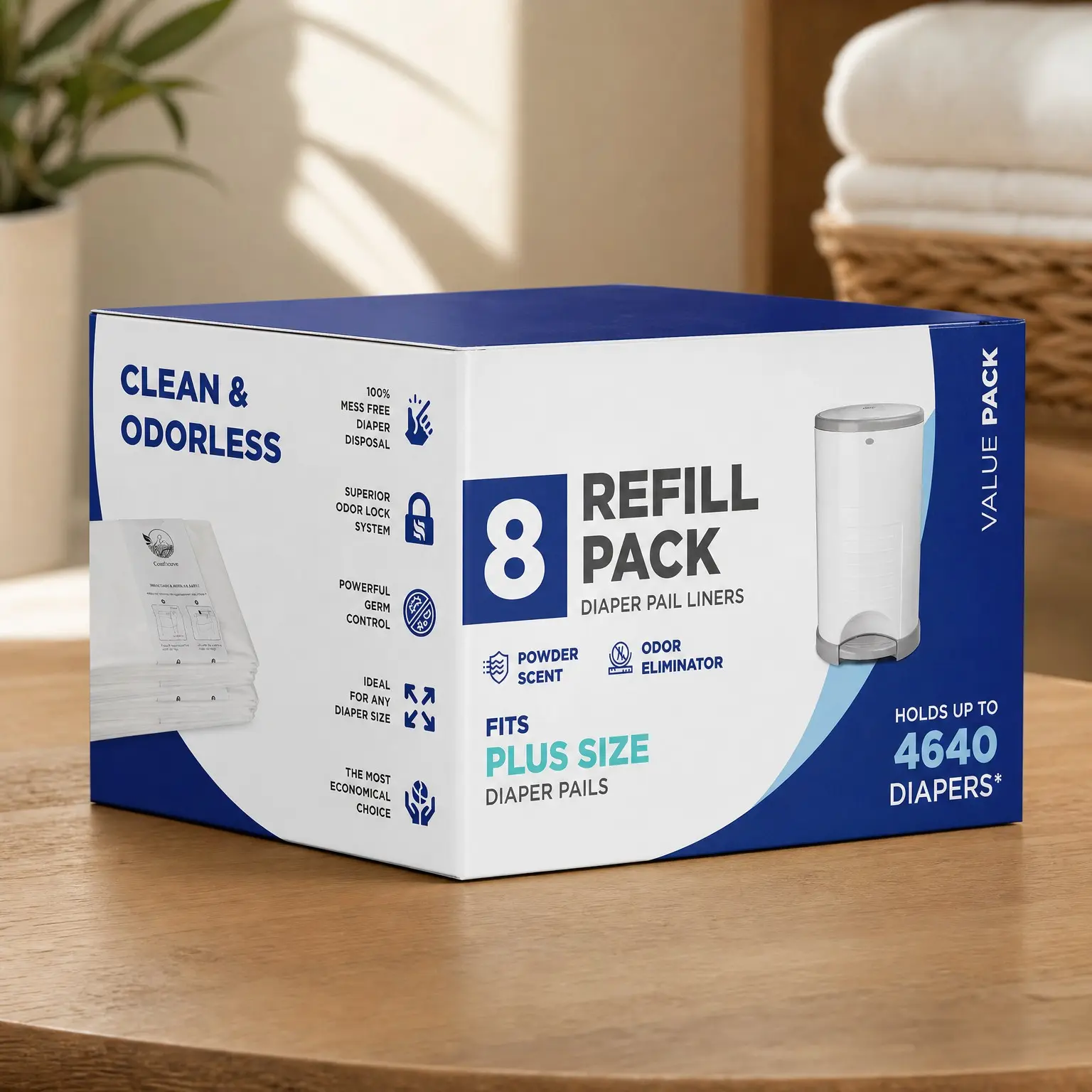 8 Pack Extra Thick Diaper Pail Refill Liners Compatible with Plus Diaper Pails, Fresh Scent, Easy to Replace and Dispose, Odorless Baby Diaper Disposal(Gift)