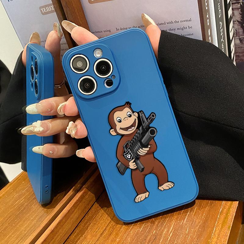 Machine Gun Monkey Pattern Straight Edge Phone Case for iPhone 17 16 Pro Max 15 14 13 12 11 Air XR E XS Plus Shockproof Non Slip Military-Grade Protection Silicone Cover
