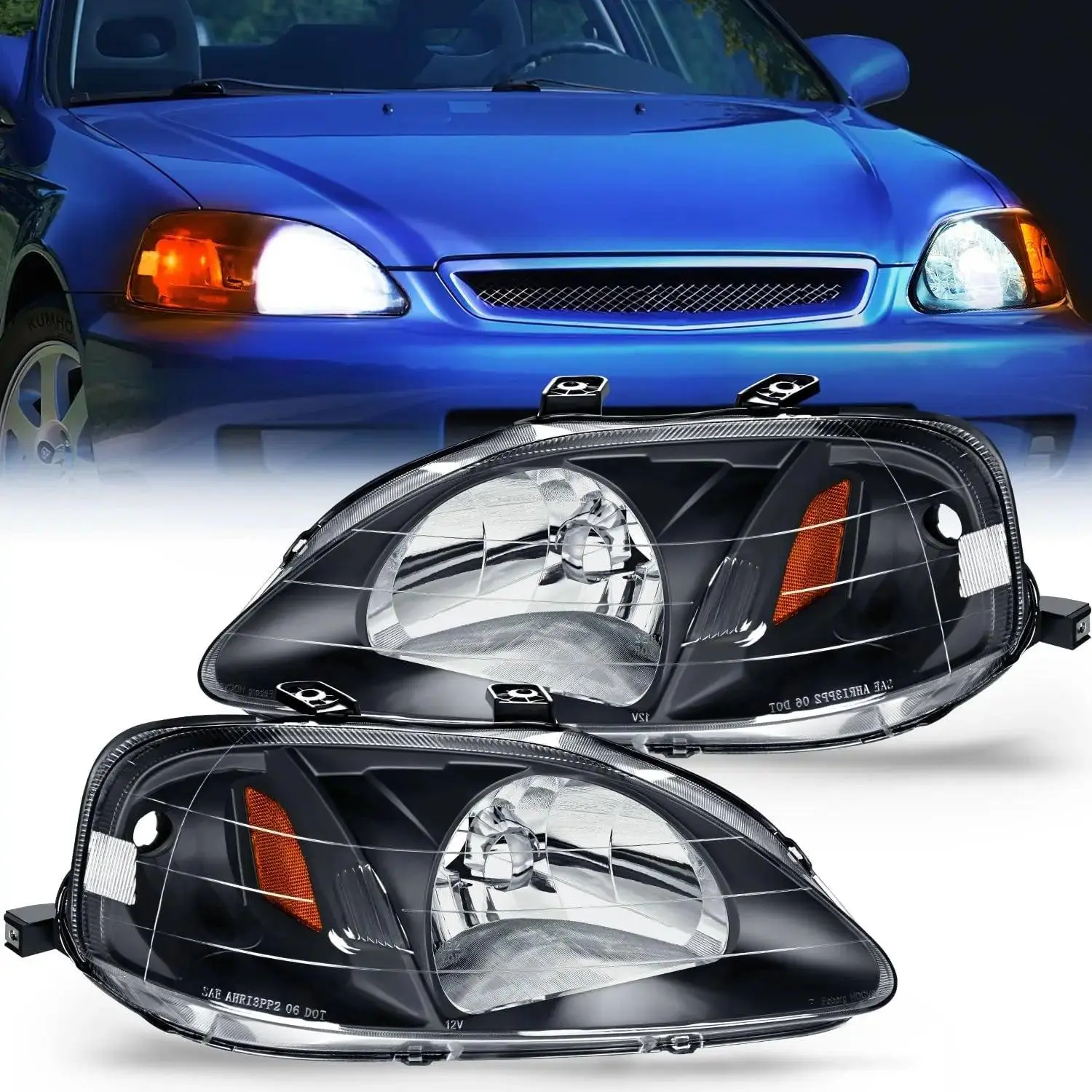 Nilight 1999 2000 Honda Civic Headlight Assembly Black Case Amber Reflector Clear Lens