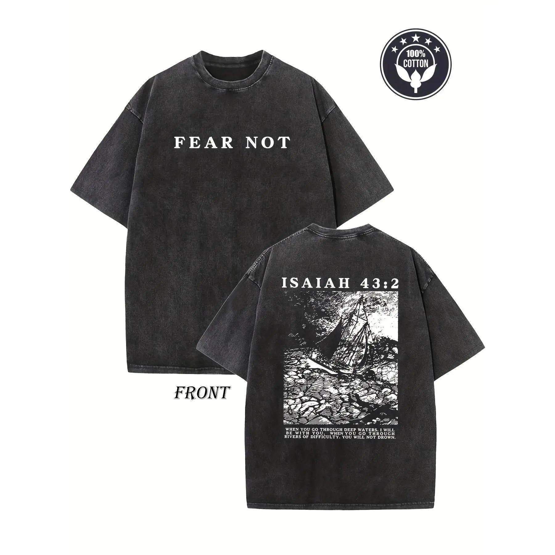 Men's and Retro Christian Bible Verse Heavyweight 230g Cotton Loose Casual Style "Do Not Be Afraid" Isaiah 41:10 Design Casual Church Clothing Daily Faith Apparel Breathable Sweat-Absorbing Retro Street Style Double-Sided Print Retro Washed Effect