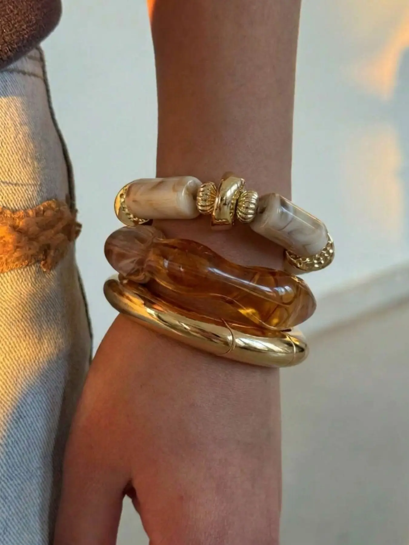 3 Piece Set Camel Gradient Resin Metal Bangle Bracelet Kit, French Lazy Style, Marble Bead, Wave Resin, Bangle, Stackable Accessory, Stacking Bangles, Bangles Bracelets Set