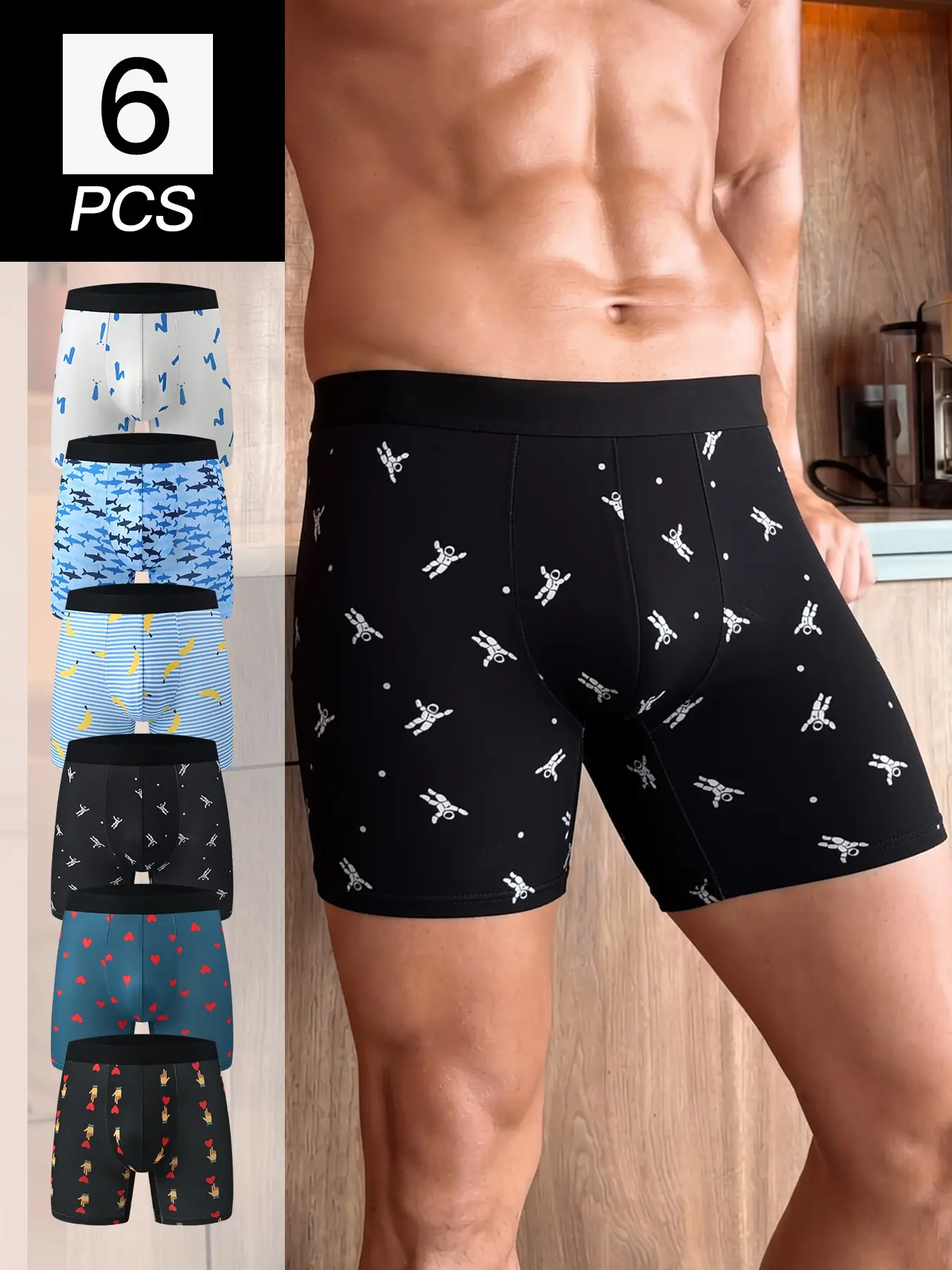 6 Pcs/Pack  Men's Printed Long Leg Boxer Briefs, Breathable Stretch Underwear, Anti-Chafing Comfort Trunks for Daily Wear, Sports & All Season