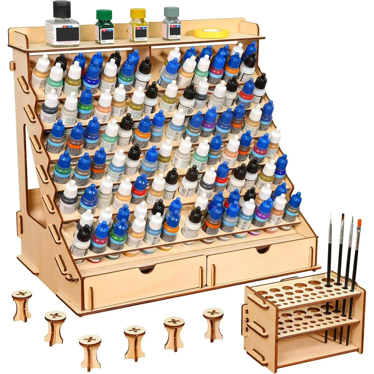 Wooden Paint Organizer with Brush Holder, 105-Bottle Capacity with 6 Miniature Stands for Mini Painting Storage
