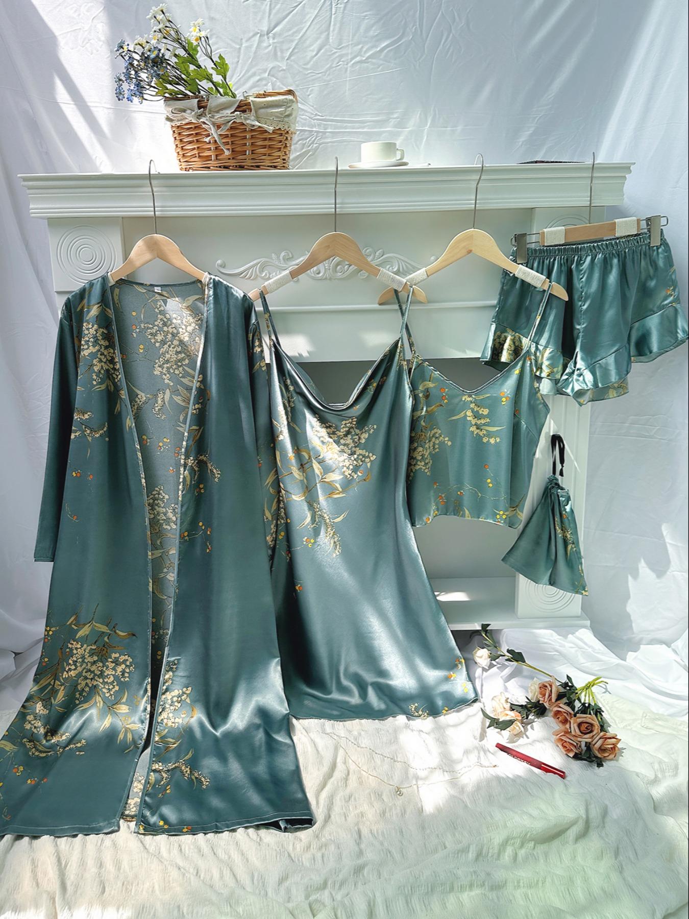 5 Counts Women's Floral Print Satin Pajama Set, Elegant Belted Robe & Cowl Neck Cami Dress & Camisole & Ruffle Shorts & Bag, Women Sleepwear for All Seasons, Summer Outfits, Satin Pyjama Set