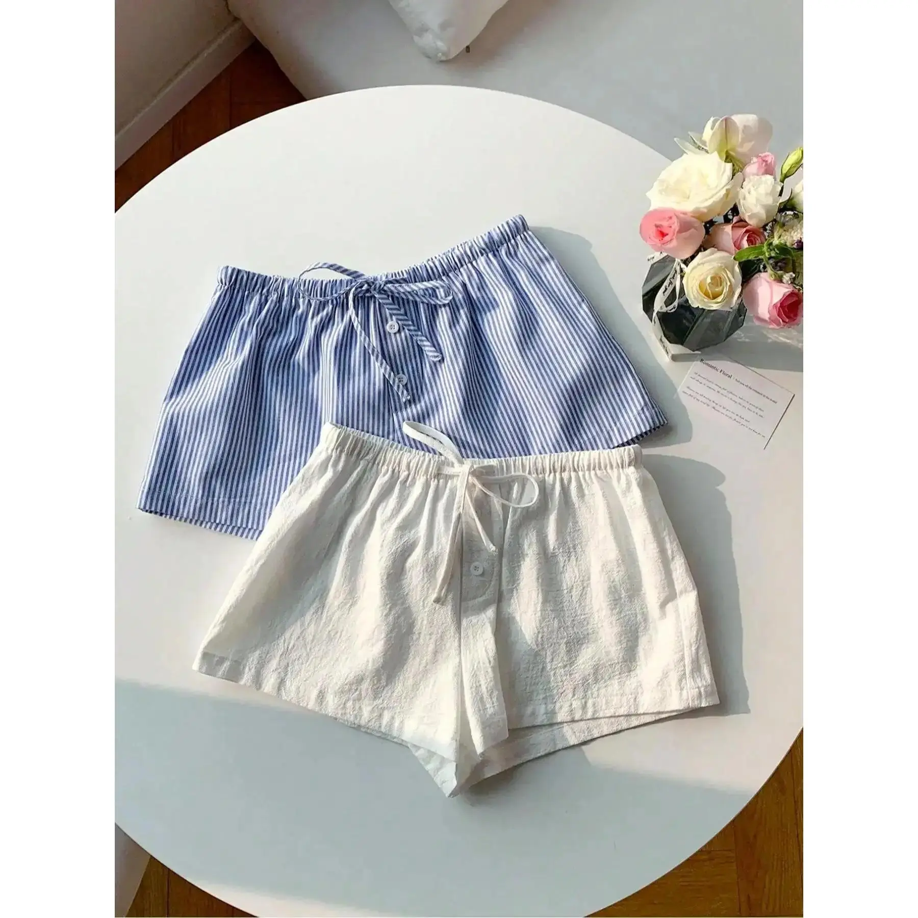 Women's Striped and Plain Adjustable Drawstring Shorts, Casual Fitted Home Wear, Versatile for Daily Use, Comfortable, Stylish and Breathable, Womenswear