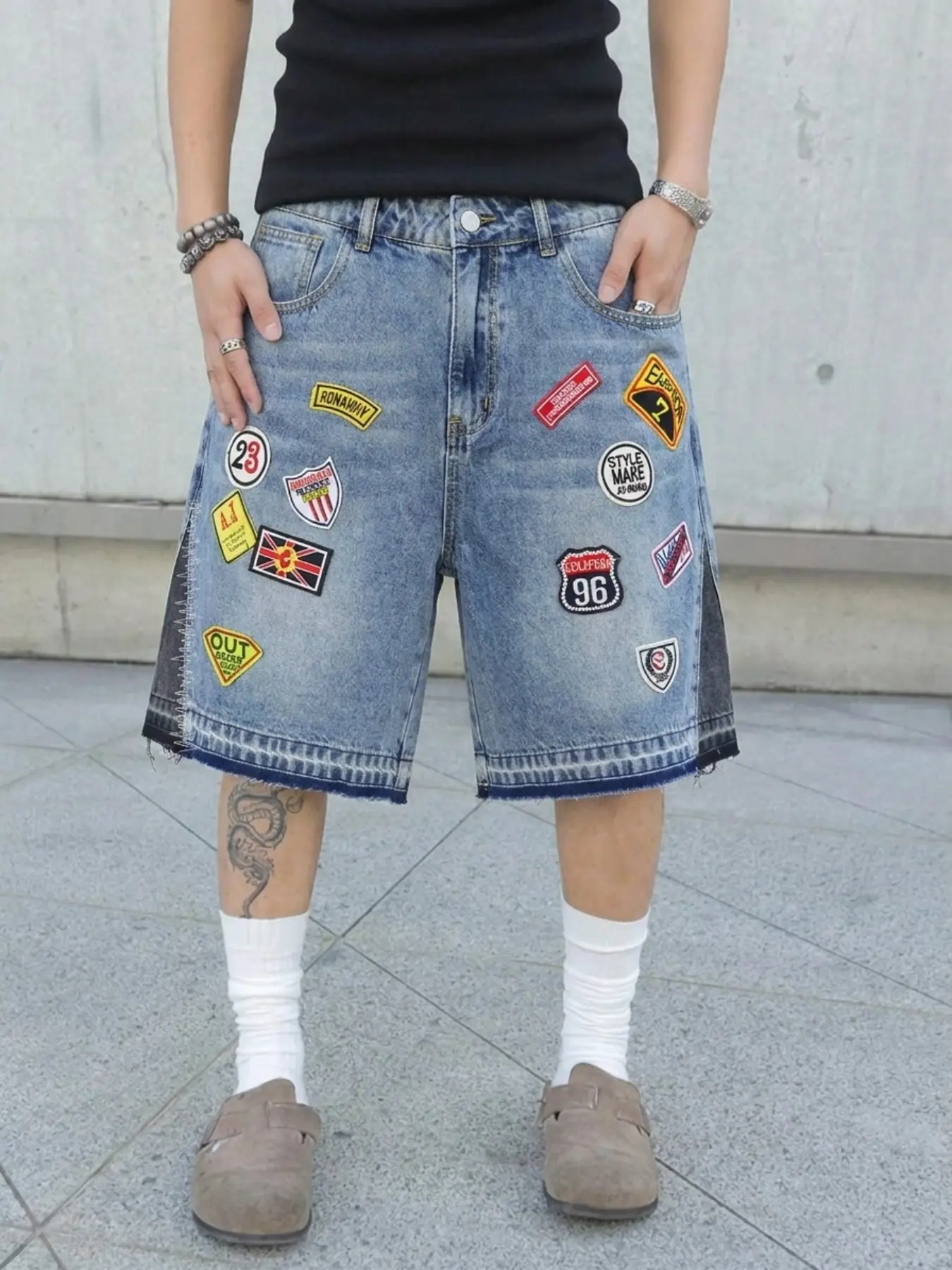 American Men's Casual Five-Quarter Jeans Shorts, Star Circle Patch Design, Comfortable Breathable Fabric, Trendy Y2K Style, All Seasons