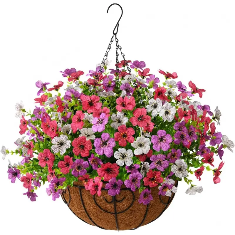 Hanging Flower Basket with Purple, White & Rose Silk Daisies - UV Resistant Realistic Touch Faux Plants for Spring Summer Porch, Patio, Balcony & Garden, No Watering, All-Weather Indoor/Outdoor