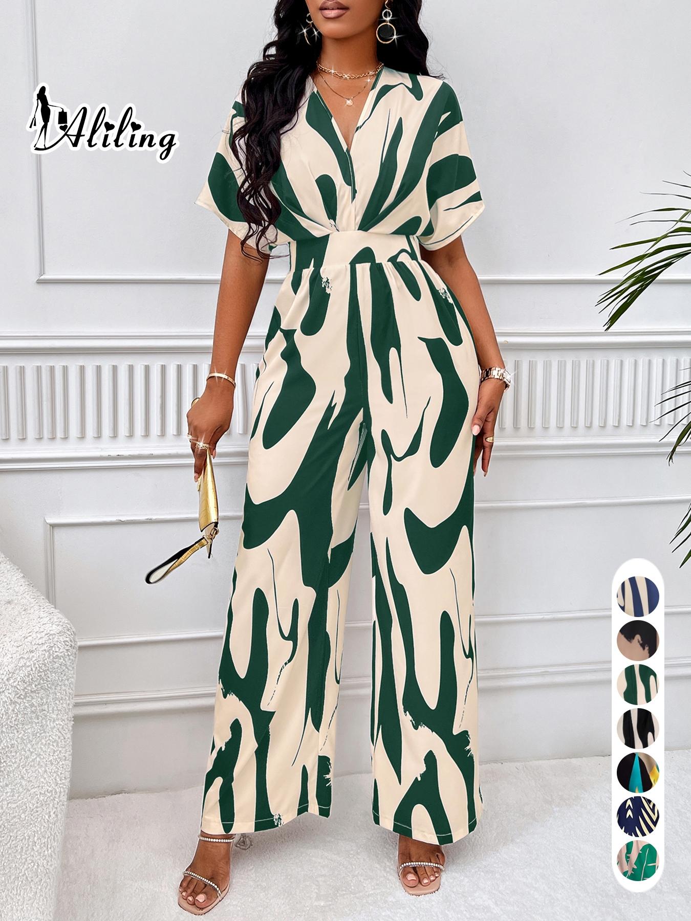 Women's Elegant Loose-Fit V Neck Short Sleeve Romper, Woven Fabric Wide Leg Pants, All Season Fashionable One-Piece Womenswear