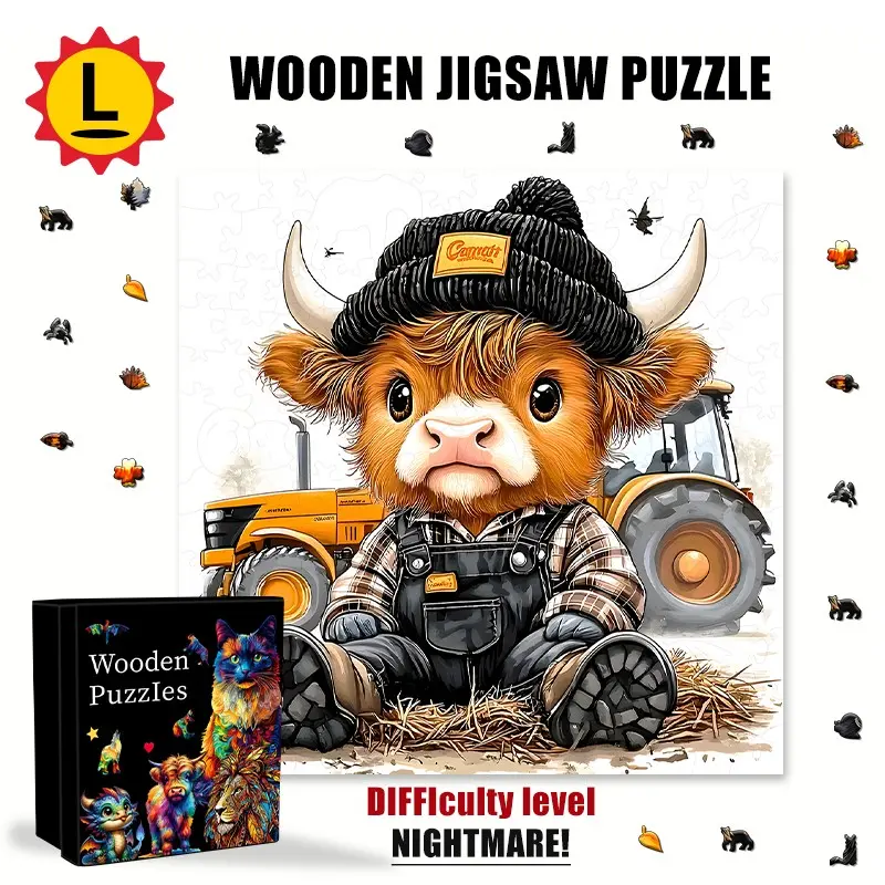 Highland Cattle Wooden Puzzle, Cute Cartoon Cows and Tractor Farm Theme, Unique Animal Shaped Pieces, Premium Wood Adult Puzzle, Christmas Gift, Halloween Toy, Birthday Present