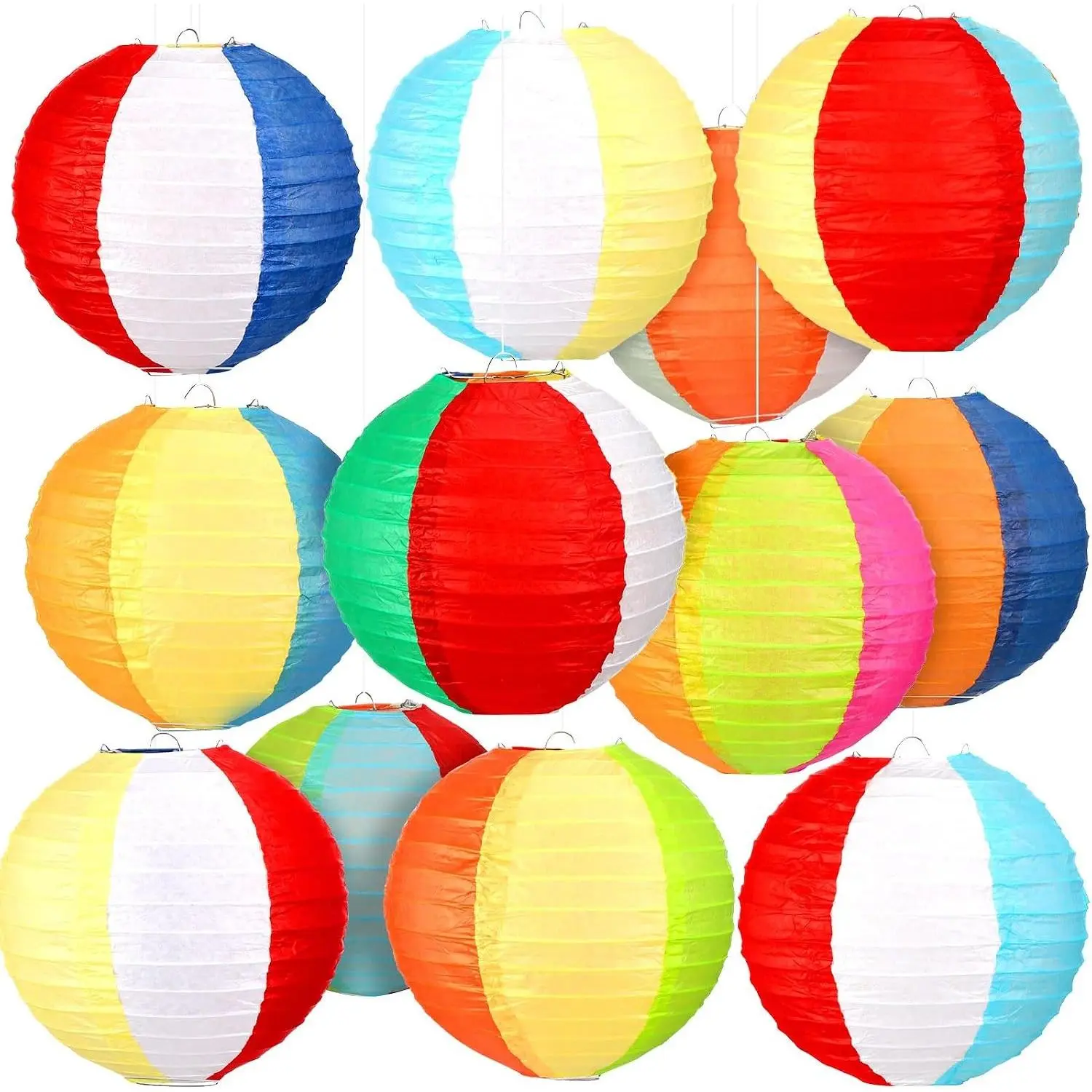 12 Pcs 8 Inch Beach Ball Paper Lanterns Pool Party Decorations Summer Luau Themed Round Hanging Decorations for Office Classroom Home Outdoor Indoor Party Supplies