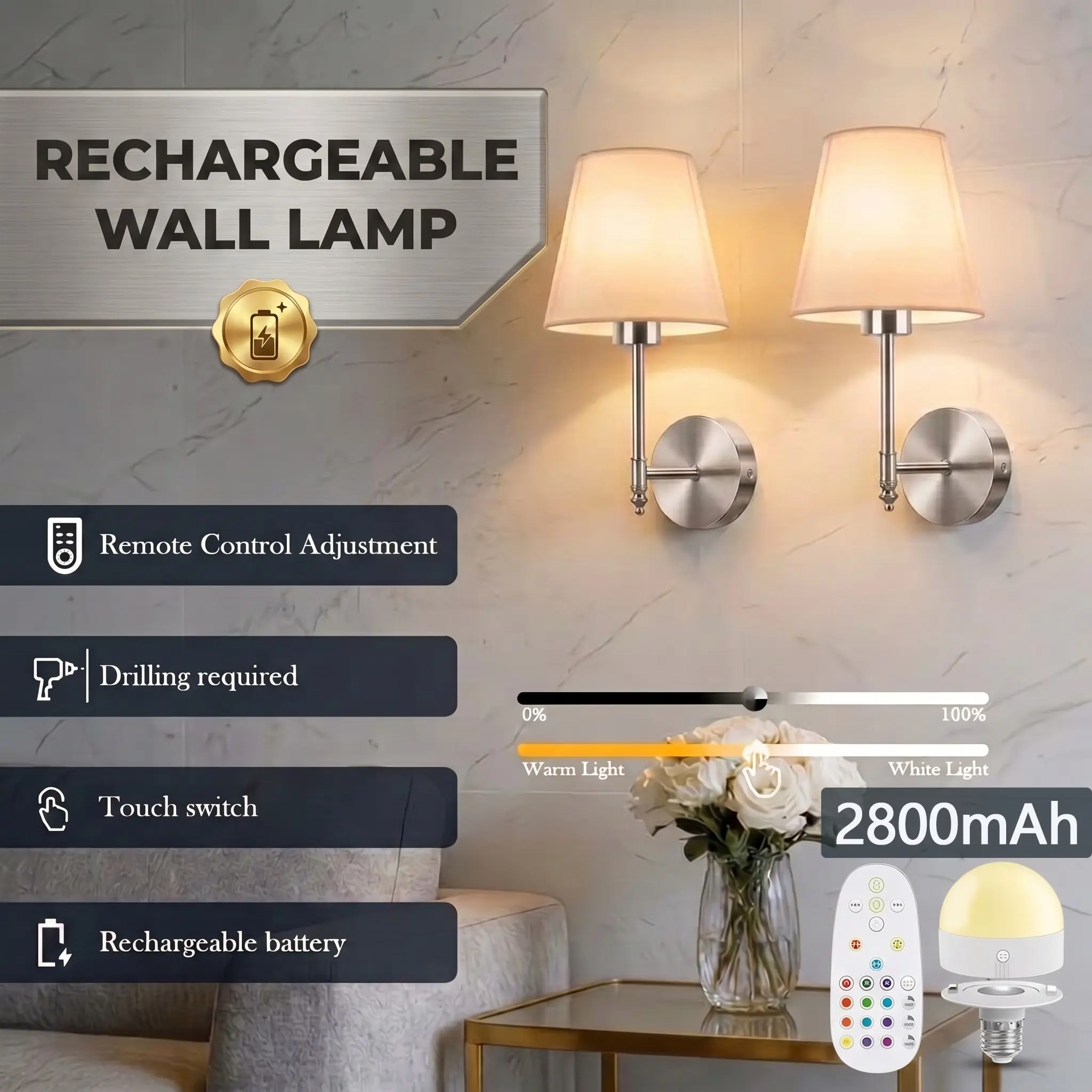 2-Pack Rechargeable Wall Lamps, Dimmable Wall Light, 2800 mAh RGB Bulbs, Remote-Controlled Dimming, For Living Rooms, Bedrooms, Stairwells, Indoor Decorative Lighting, Wireless Installation