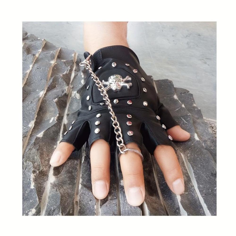 Men's Skull Half Finger Leather Gloves, Punk Rivet Chain Design, Anti-Slip Outdoor Sports & Motorcycle Riding Gloves, Novelty Pirate Style Performance Gloves