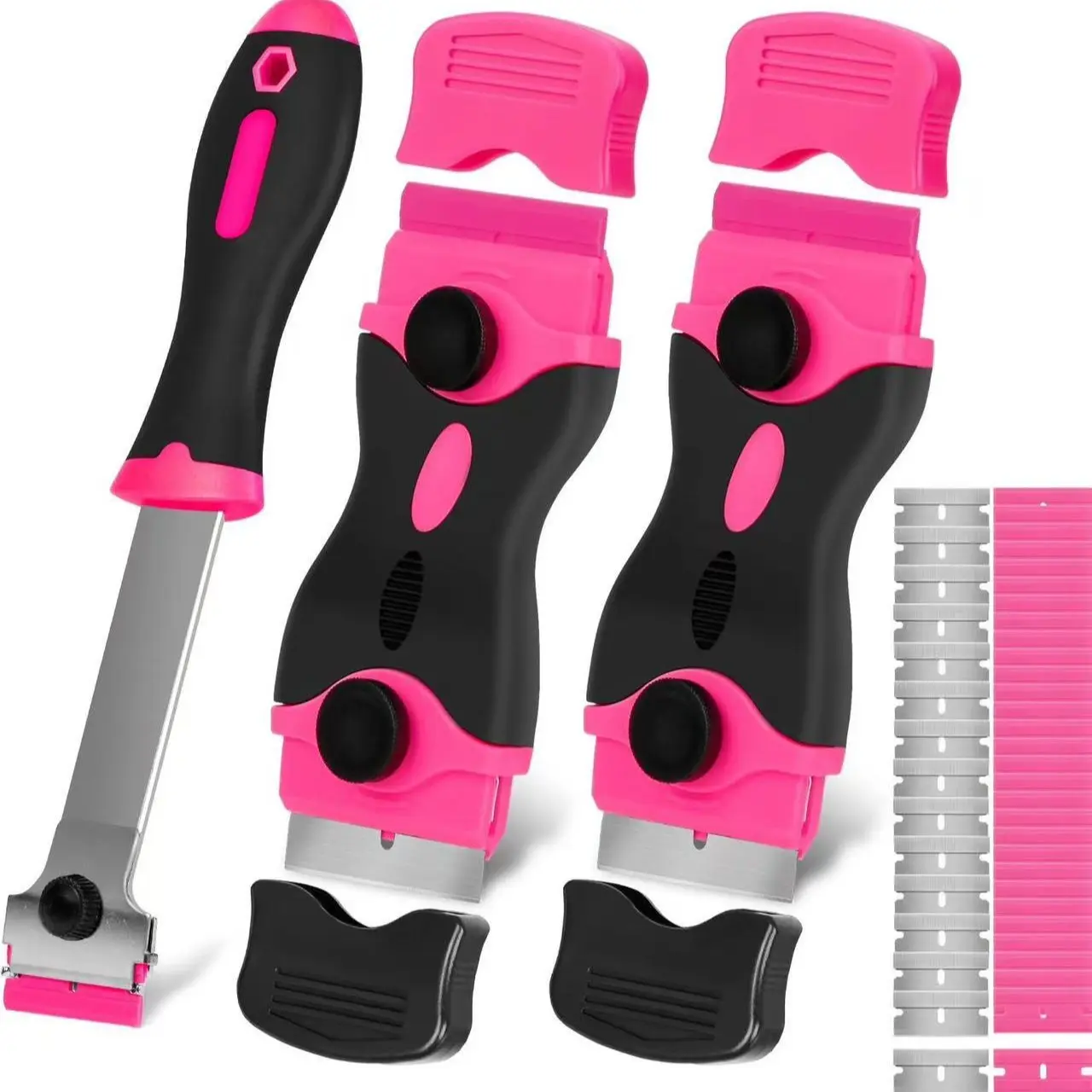 Razor Scraper Tool Set, Tough Scraper, Glass Cleaner, Oven Door Scraper, Women's Gift, 2-In-1 Kit with 15 Blades, Removes Window Labels (3 Pieces)
