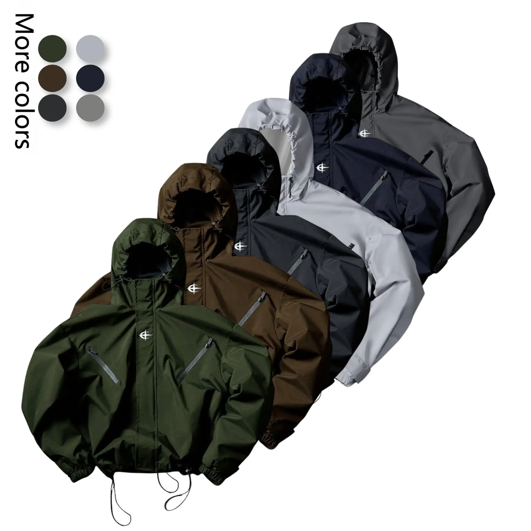 Men's Stylish Loose-Fit Black Plain Shell Windproof Waterproof Oversized Hooded Long-Sleeve Menswear Jacket - Outdoor, Zip-Up, Adjustable Multi-Function Active Lightweight Top with Side Zipper Pockets, Drawstring Hat, Bottom Drawstring, Velcro Adjustment