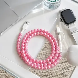 Pearl-Decorated Charging Cable Cord, Phone Charging Accessories - Compatible with all devices USB-C and Lightning interfaces 2-in-1 data cable, 3.3 feet in length, for Wired Fast Charge, available in multiple colors, Holiday gifts