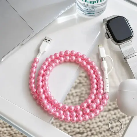 Pearl-Decorated Charging Cable Cord, Phone Charging Accessories, Fast Charging Cords - Compatible with all devices USB-C and Lightning interfaces 2-in-1 data cable, 3.3 feet in length, for Wired Fast Charge, available in multiple colors, Holiday gifts
