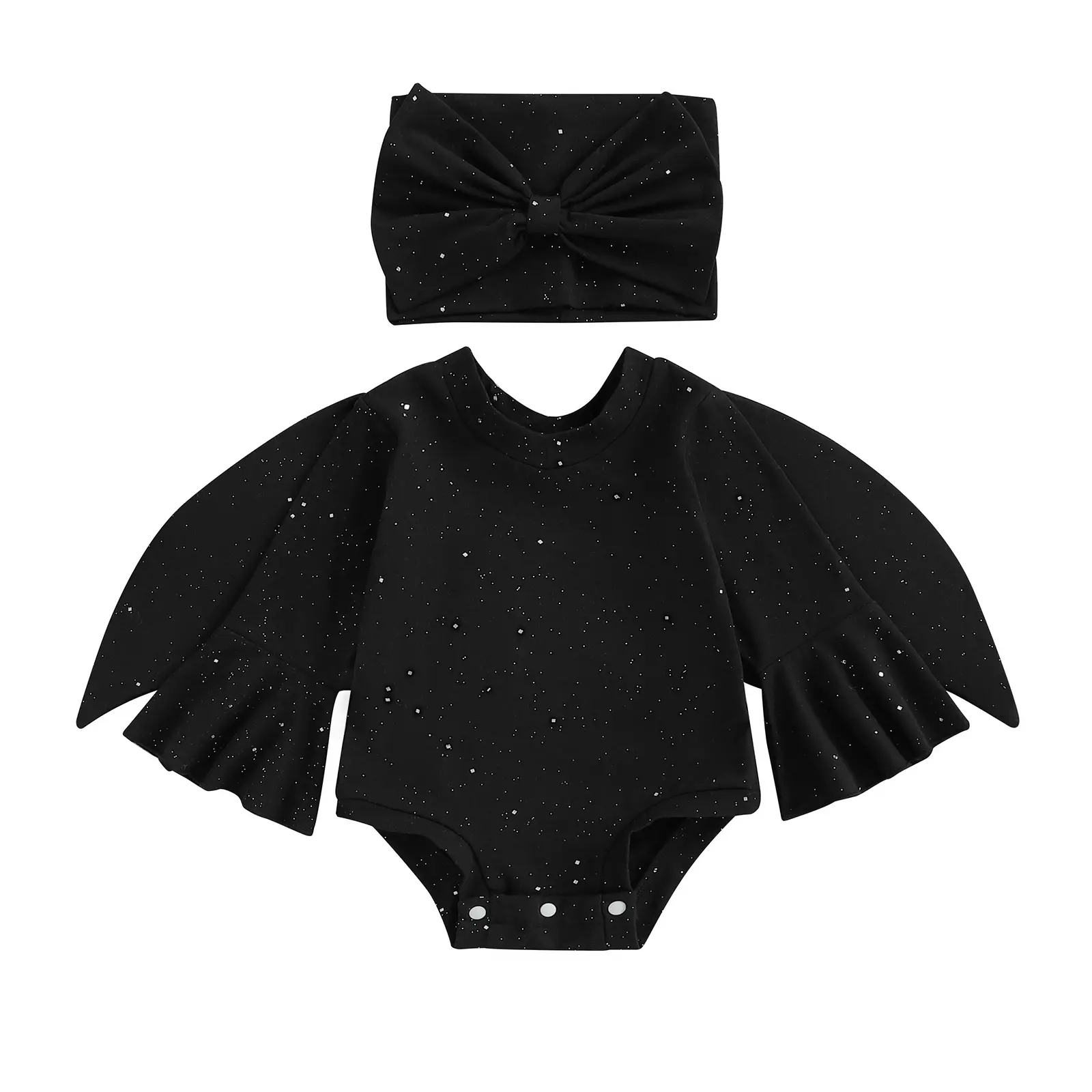 Infant Baby Girls Halloween Costume Black Bat Flared Long Sleeve Romper and Wings Headband 3pcs Outfit Set