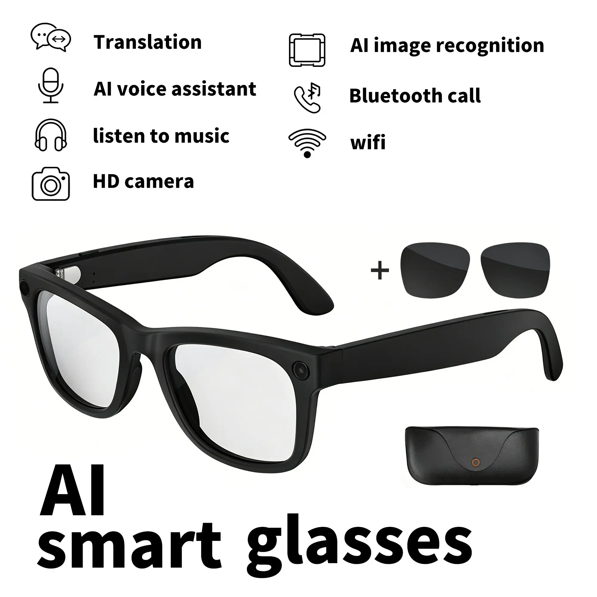 Ai Translation Smart Glasses, HD Camera, Video Recording, 2000mah Charger, 3D Music, Bluetooth-compatible Call, Ai Voice Wake-Up, WiFi Transfer