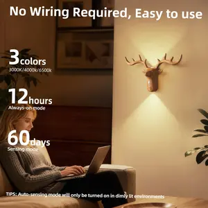 Motion Sensor Reindeer Wall Light – No Wires, No Screws!Magnetic Mount, USB Rechargeable, 3000K-6500K Dimmable, Nordic LED Night Light for Stairs, Bedroom & Hallway