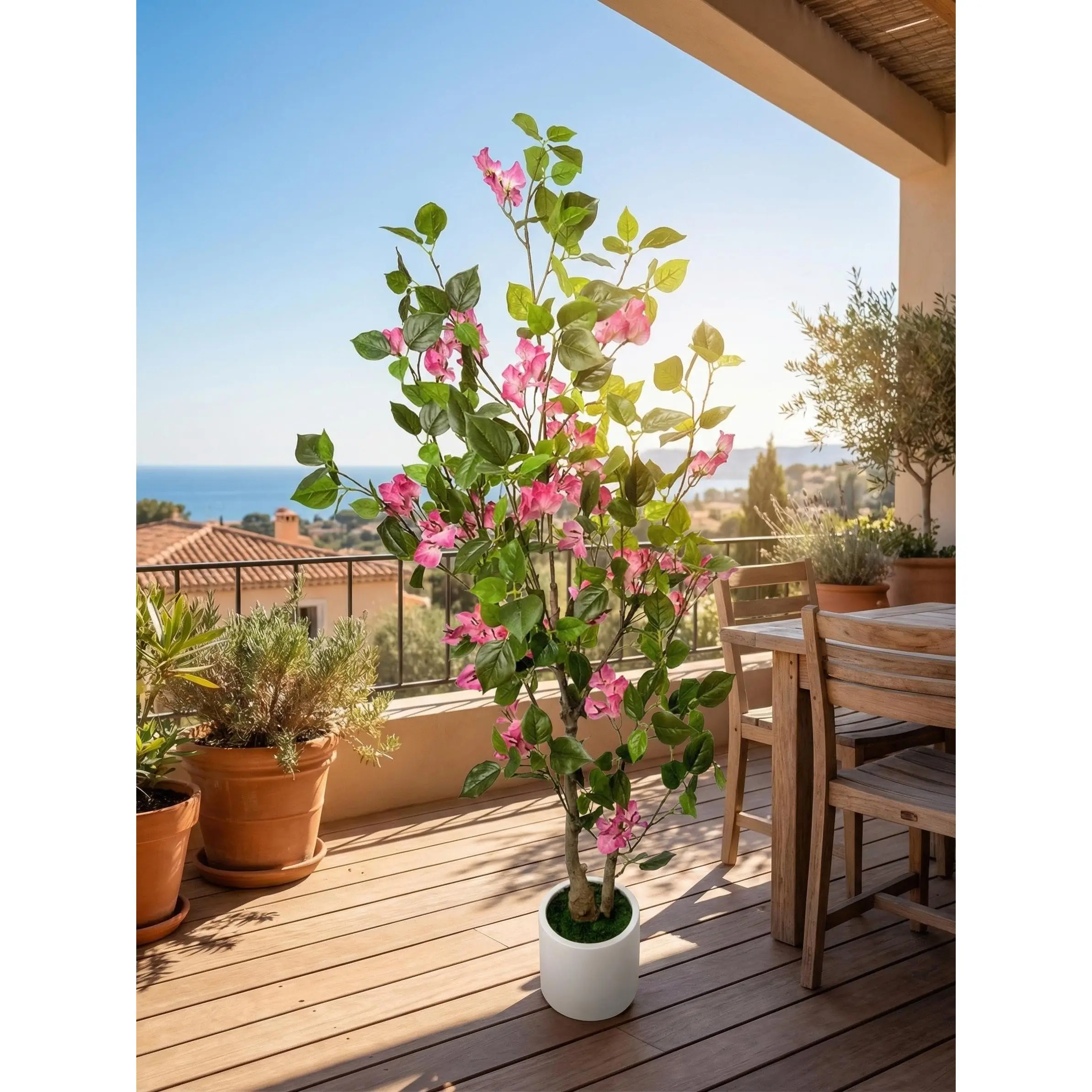 Realistic Artificial Bougainvillea Tree – Large Faux Multi-Stem Plant with White Pot – 120cm Height, Maintenance-Free, Detachable Sprigs – Decorative Greenery for Living Room, Office, Patio, or Terrace