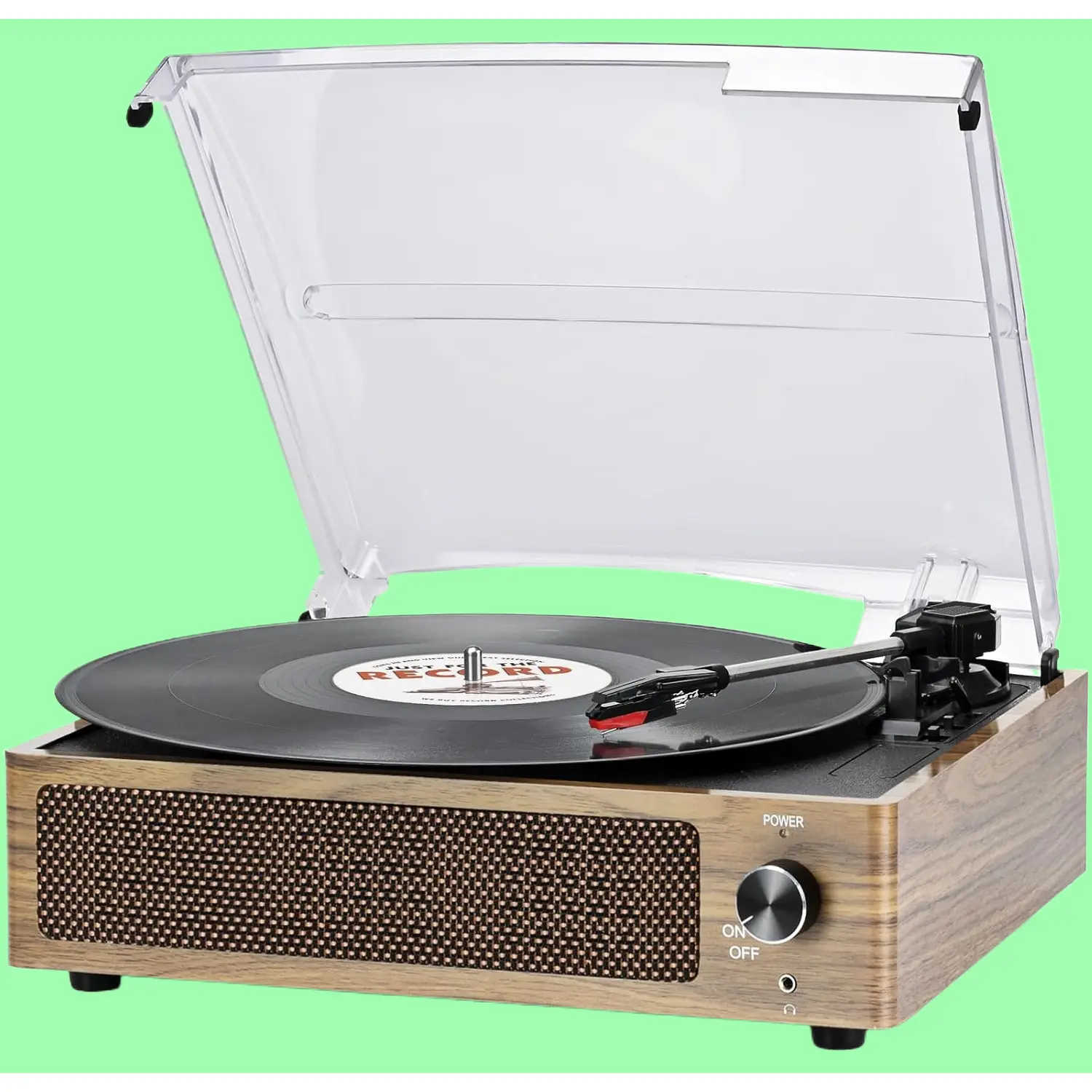 Vintage Cyan Retro Wood Belt-Driven 3-Speed Bluetooth Turntable with Built-In Speakers, Multi-Connection Ports (Headphone, AUX, RCA) for LP Record Playback