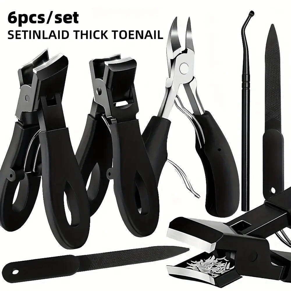 6 Piece Thick Hard Nails Manicure Pedicure Kit, Large Splash-Proof Nail Clipper, Embedded Claw Remover, File, Home Foot Care Tools