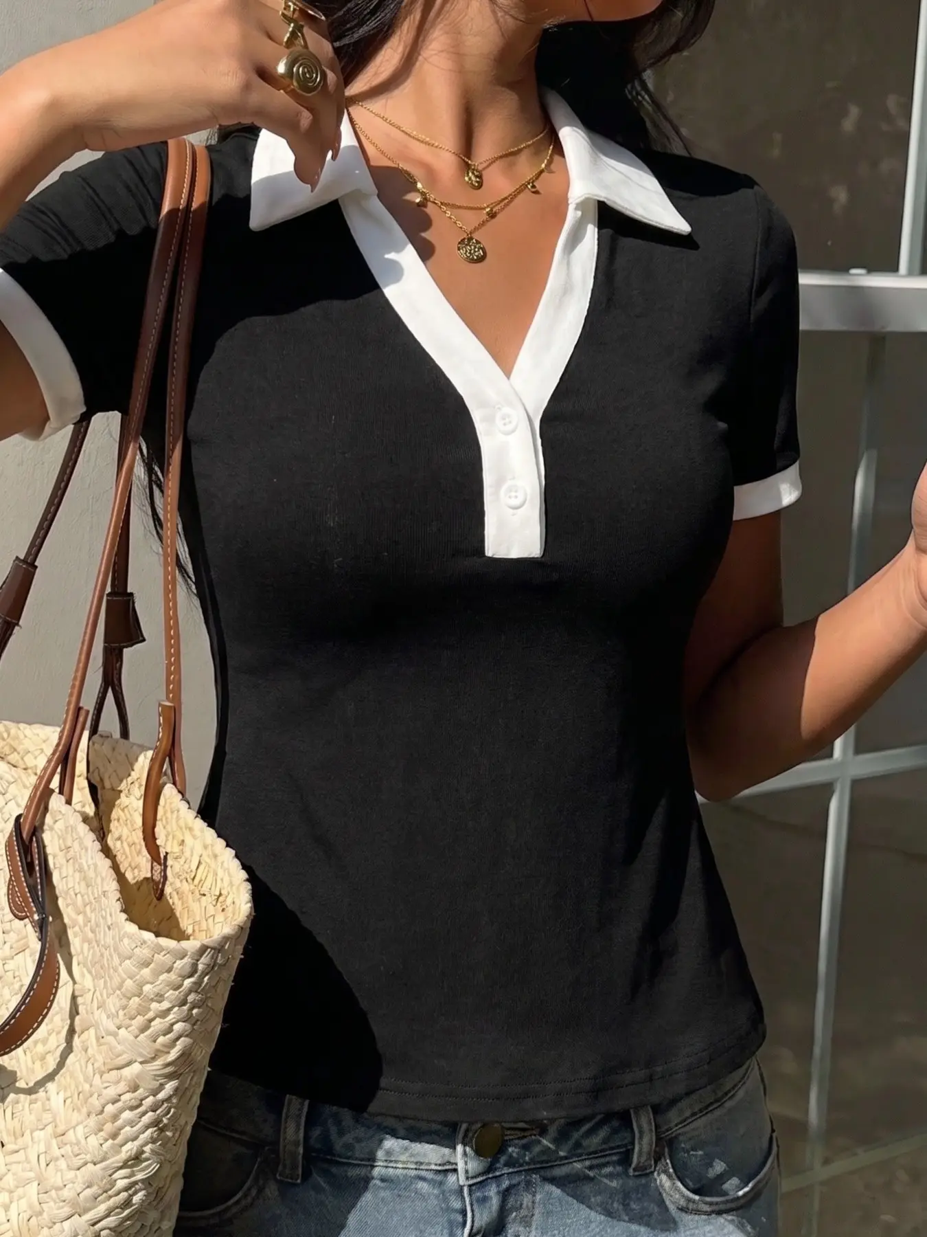 Women's Minimalist High-End Colorblock Polo Shirt, Short Sleeve, Fitted, Casual Style, Base Trim, Button Front, All Seasons