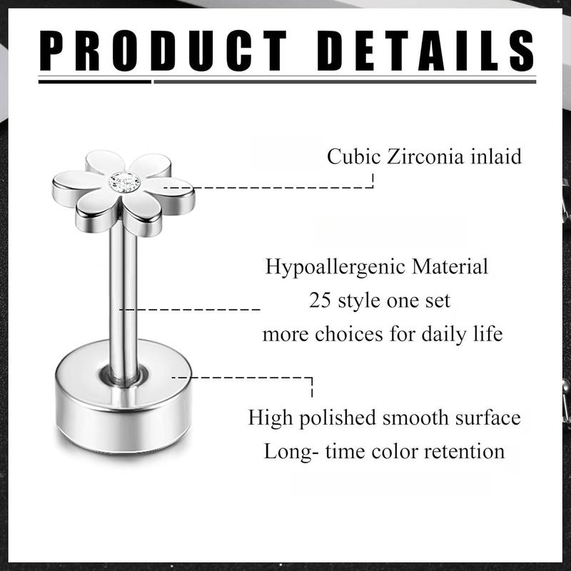 Stylish 25 Pairs Diverse Styles Stud Earrings for Women Men Multipack Cartilage Surgical Steel Earring Shining Zirconia Opal Vivid Butterfly Sweet Flower Cute Star Flat Back Earrings men's earrings Non Tarnish Jewelry for Christmas Gift