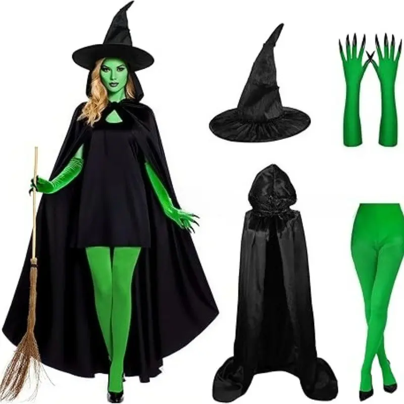 Halloween Crinkle Hat 4pcs Set: Cape, Hat, Socks, Gloves, Pleated Witch Hat, Stage Magic Hat for Holiday Parties and Masquerade Balls