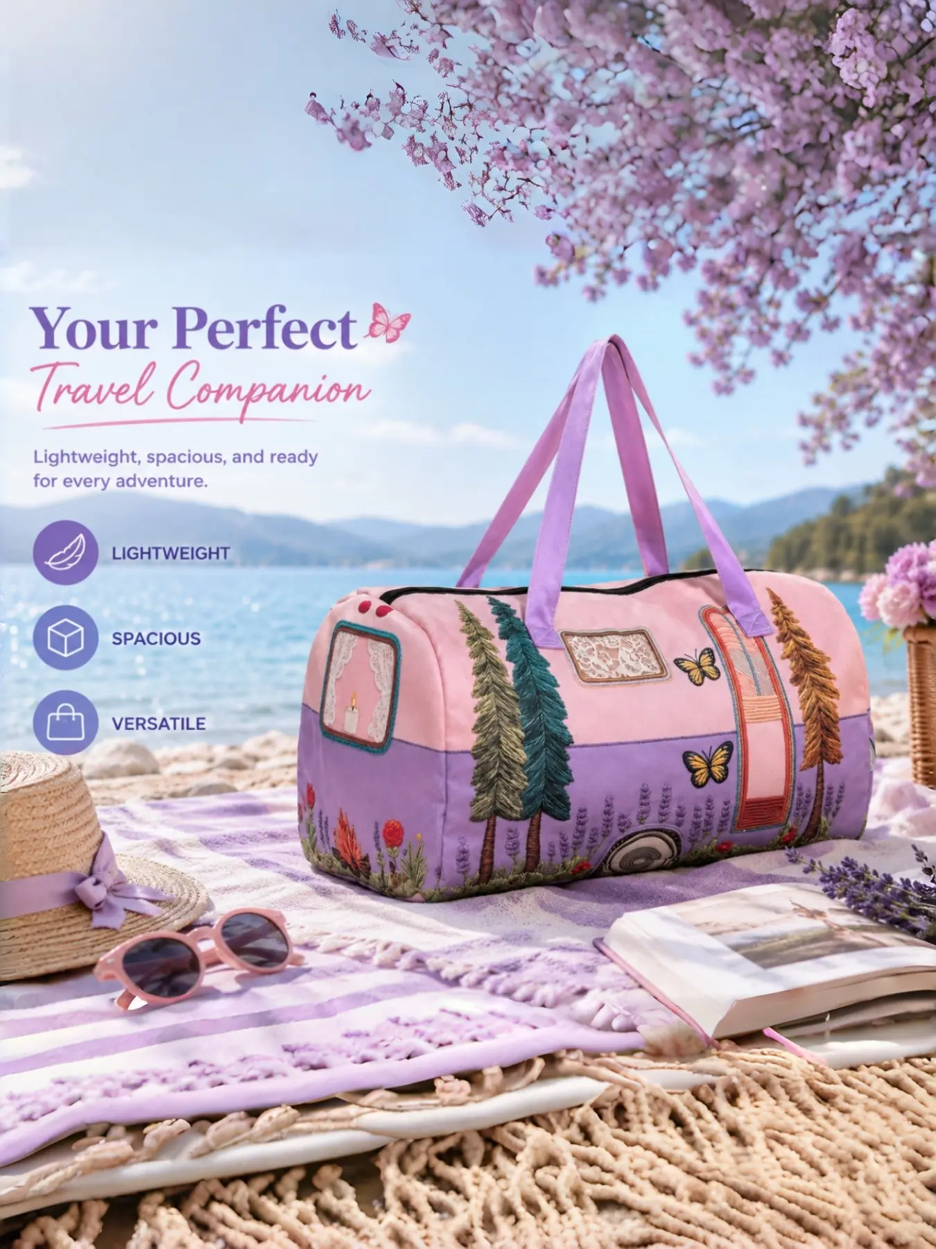 Elegant Duffel/weekender Bag, All-Over Floral Butterfly Print, Large Capacity, Portable Travel Bag for Fitness, Camping, Airport, Weekend Trips, Lightweight Duffel Bag