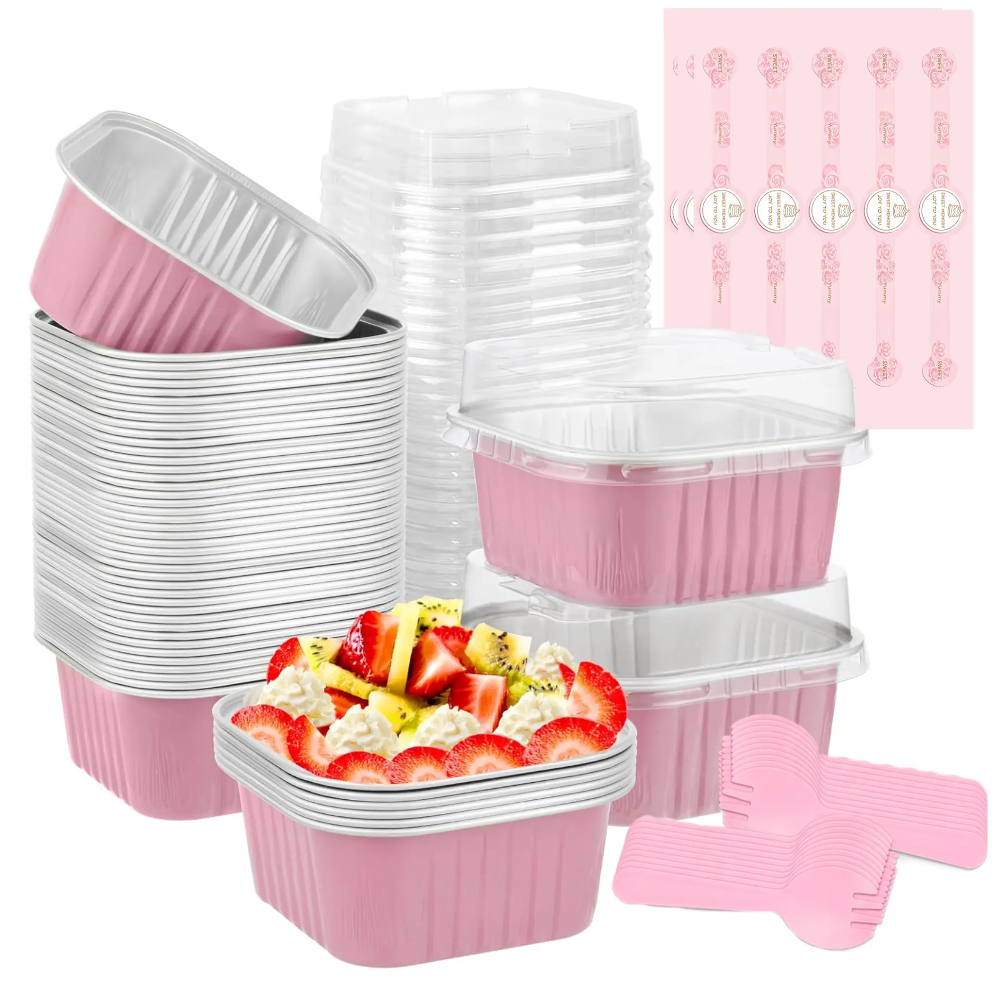25 Pack Pink Mini Loaf Pans 5 OZ, Square Aluminum Foil Baking Cups with Clear Lids, Disposable Dessert Containers with Fork Spoons and Sealing Stickers, Cute Mini Cake Tins for Birthday Party, Wedding, Picnic, Camping & Homemade Treats
