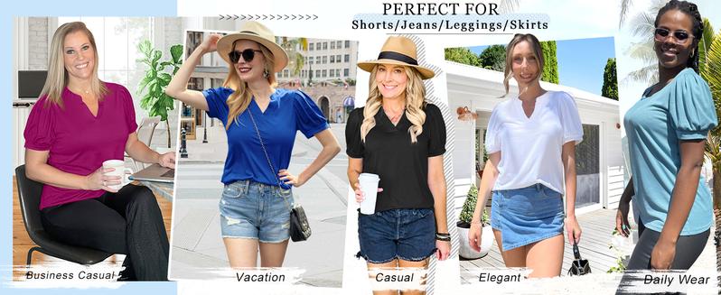 WIHOLL Women's Pleated Puff Sleeve Tops Summer V Neck Tunic Shirts Loose Curved Hem Blouses Dressy Casual S-3XL