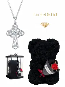 Guardian Celtic Cross Heart PendantVintage diamond Celtic knot cross necklace. Artificial rose bear gift box. Gifts for Birthday, Valentine’s, Mother’s Day & Christmas