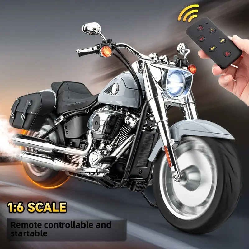 1:6 Scale Remote Control Vintage Cruiser Motorcycle Model, Smoke Effect, Horn Sound, Electroplated Metal Body, Desktop Decor, Gift for Motorbike Enthusiasts