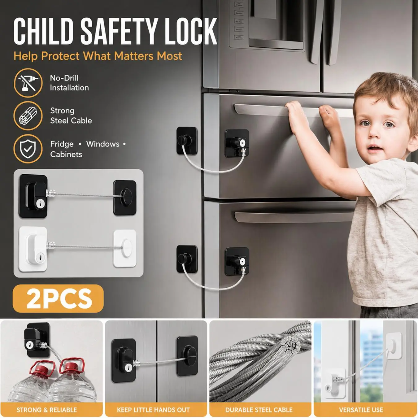 2 Pack Child Proof Refrigerator Locks with Keys, No-Drill Adhesive Baby Safety Cable Locks, Multi-Use Windows Door Locks, Install, Strong Steel Wire Cabinet Door Latch for Fridge, Windows, Drawers, Cupboards and Pet Proof Protection for Kids