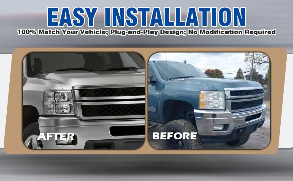 Headlights Assembly with High/Low Beam Bulbs for 2007-2013 Chevy Silverado 1500/ 2007-2014 Silverado 2500 HD 3500 HD, OE Style Replacment Headlamps Pair, Chrome Housing/ Clear Lens/ Clear Reflector