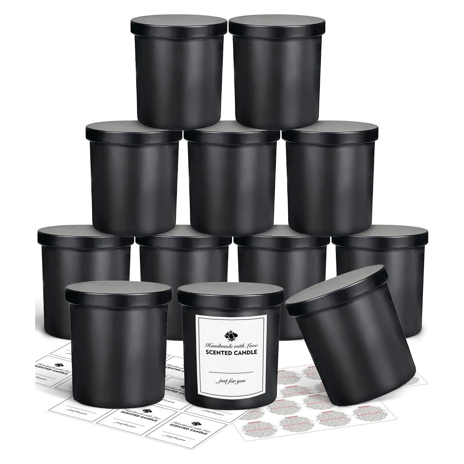 10oz Matte Black Glass Candle Jars with Lids, 12 Pack for Candle Making | Bulk Empty Candle Making Jars with Sticky Labels, Dishwasher SafeGift