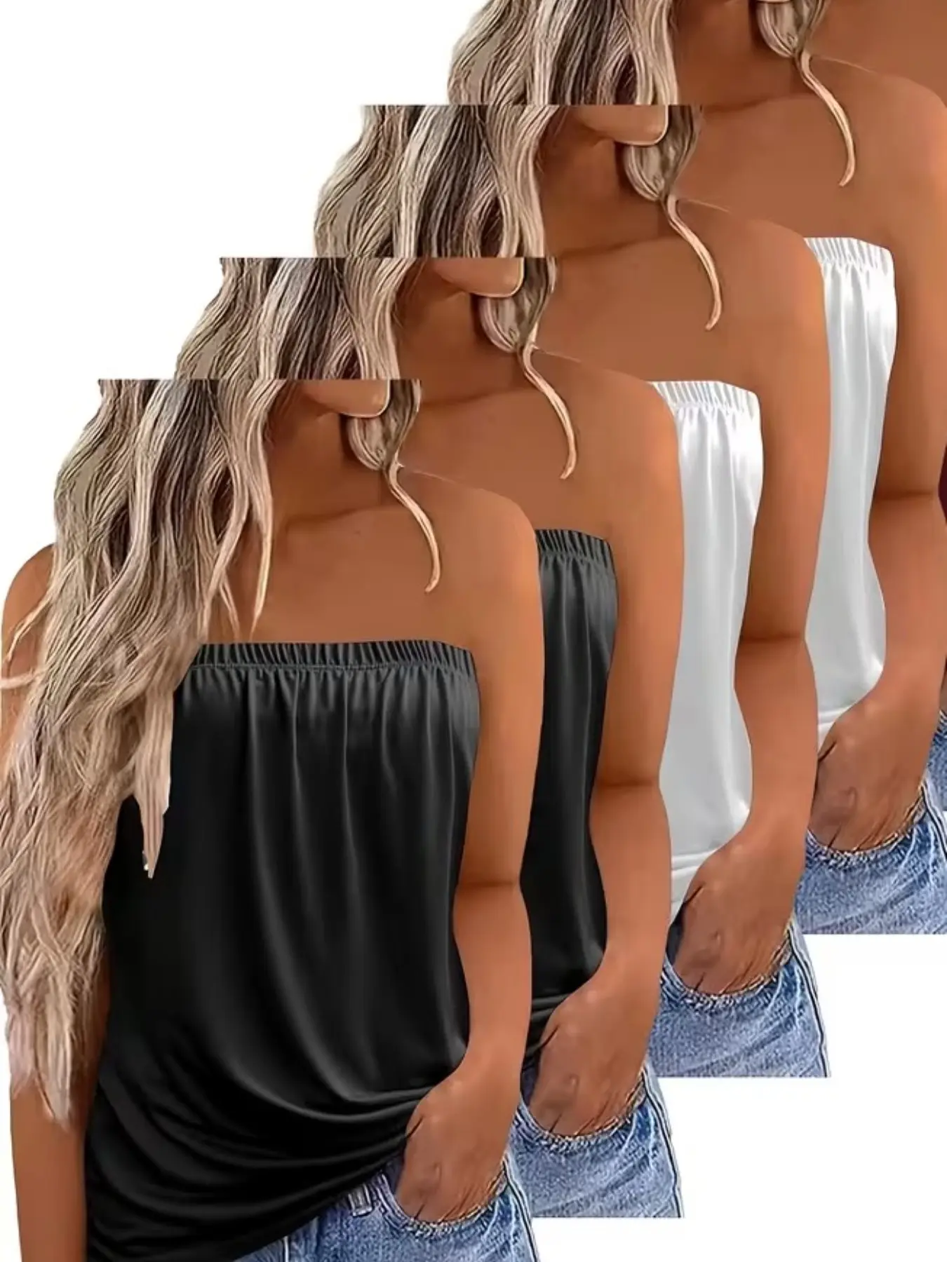 Women's Plain Four-Piece Set Strapless Bustier Top, Elegant Fashion Sleeveless Shoulder-Exposed Elastic Wrap Top, Comfortable and Stylish Cropped Tube Top