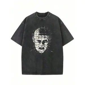 Hellraiser Pinhead Horror Skeleton Graphic Washed Men T-Shirt Retro Gothic Dark Streetwear Loose Short Sleeve Tee